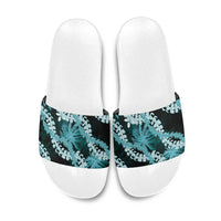 Puakenikeni Maile Lei Slide Sandals Frangipani Turquoise Tropical Leaves