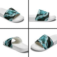 Puakenikeni Maile Lei Slide Sandals Frangipani Turquoise Tropical Leaves