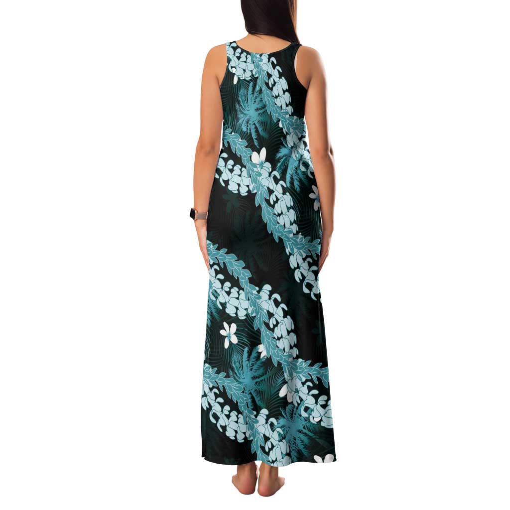 Puakenikeni Maile Lei Tank Maxi Dress Frangipani Turquoise Tropical Leaves LT01 - Polynesian Pride