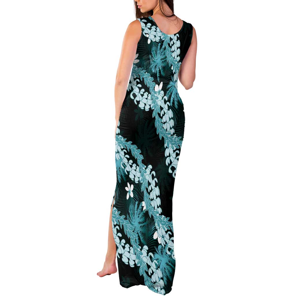 Puakenikeni Maile Lei Tank Maxi Dress Frangipani Turquoise Tropical Leaves LT01 - Polynesian Pride