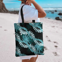 Puakenikeni Maile Lei Tote Bag Frangipani Turquoise Tropical Leaves