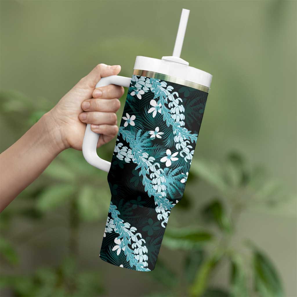 Puakenikeni Maile Lei Tumbler With Handle Frangipani Turquoise Tropical Leaves