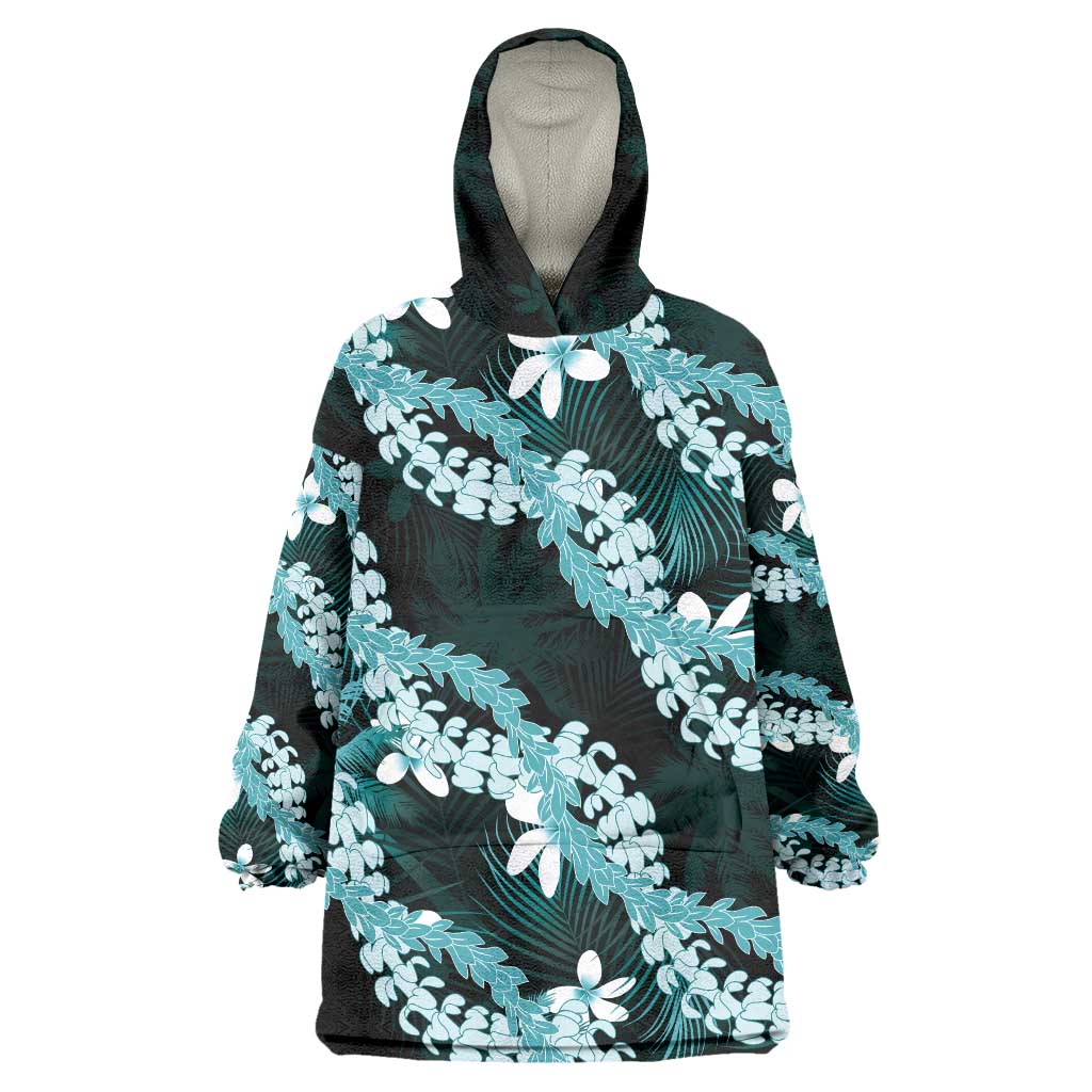 Puakenikeni Maile Lei Wearable Blanket Hoodie Frangipani Turquoise Tropical Leaves LT01 One Size Turquoise - Polynesian Pride