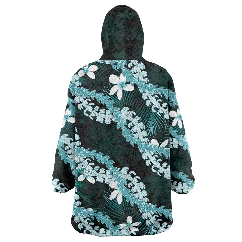 Puakenikeni Maile Lei Wearable Blanket Hoodie Frangipani Turquoise Tropical Leaves LT01 - Polynesian Pride