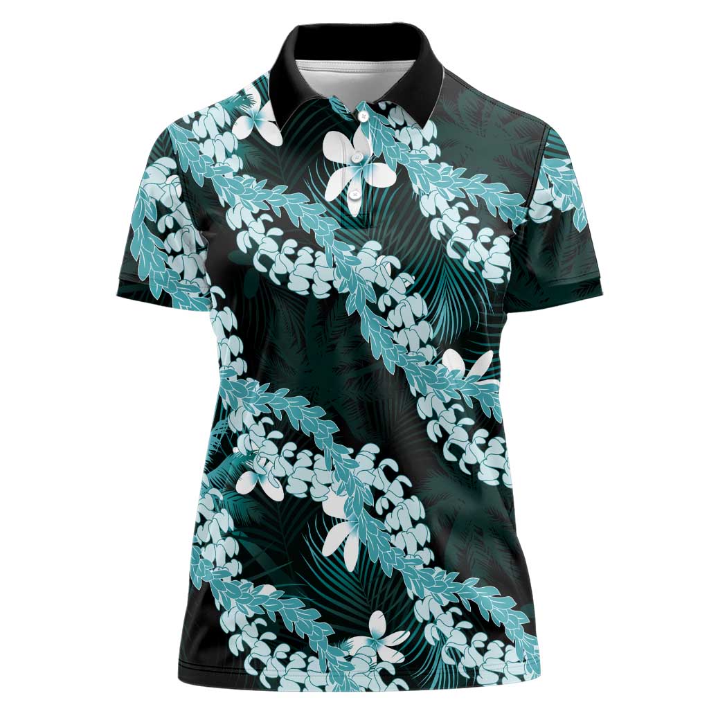 Puakenikeni Maile Lei Women Polo Shirt Frangipani Turquoise Tropical Leaves LT01 Female Turquoise - Polynesian Pride