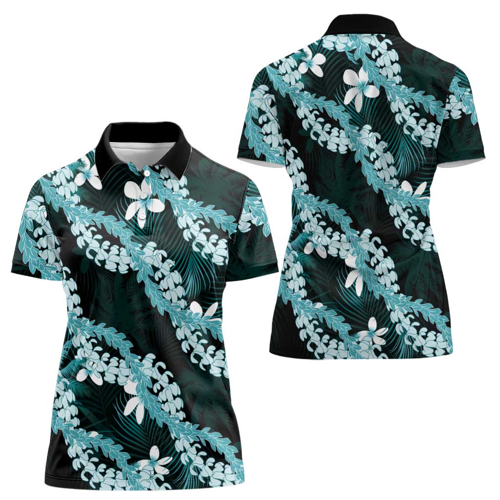 Puakenikeni Maile Lei Women Polo Shirt Frangipani Turquoise Tropical Leaves LT01 - Polynesian Pride