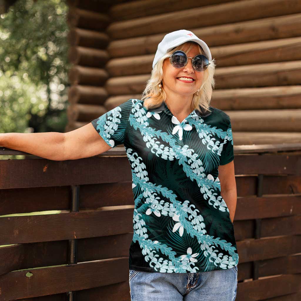 Puakenikeni Maile Lei Women Polo Shirt Frangipani Turquoise Tropical Leaves LT01 - Polynesian Pride