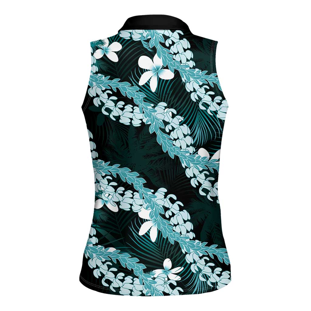 Puakenikeni Maile Lei Women Sleeveless Polo Shirt Frangipani Turquoise Tropical Leaves LT01 - Polynesian Pride
