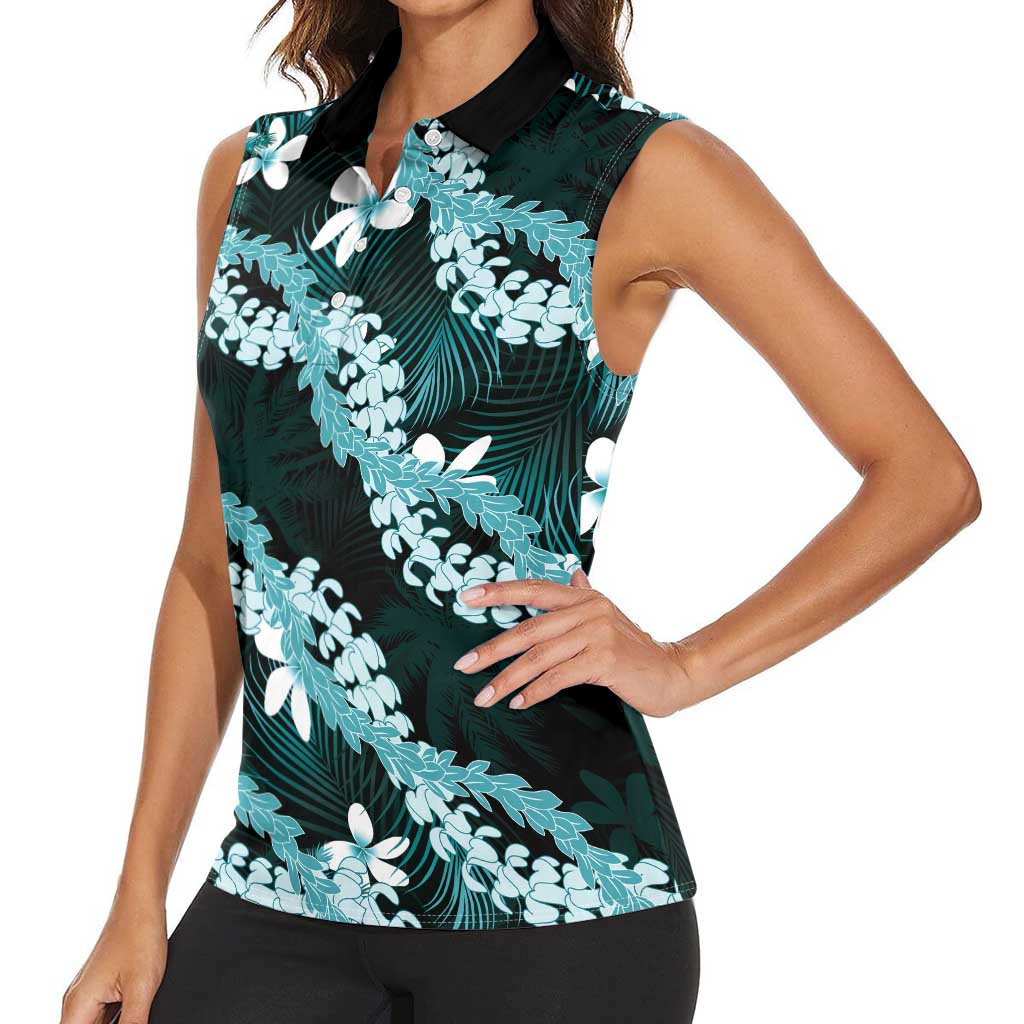 Puakenikeni Maile Lei Women Sleeveless Polo Shirt Frangipani Turquoise Tropical Leaves LT01 - Polynesian Pride