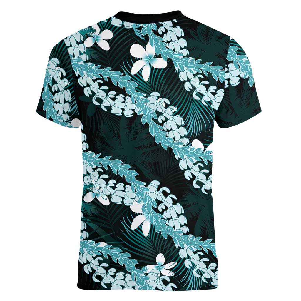 Puakenikeni Maile Lei Women V-Neck T-Shirt Frangipani Turquoise Tropical Leaves LT01 - Polynesian Pride