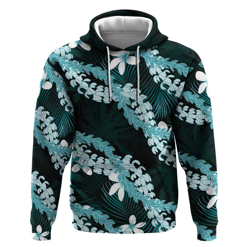 Puakenikeni Maile Lei Zip Hoodie Frangipani Turquoise Tropical Leaves