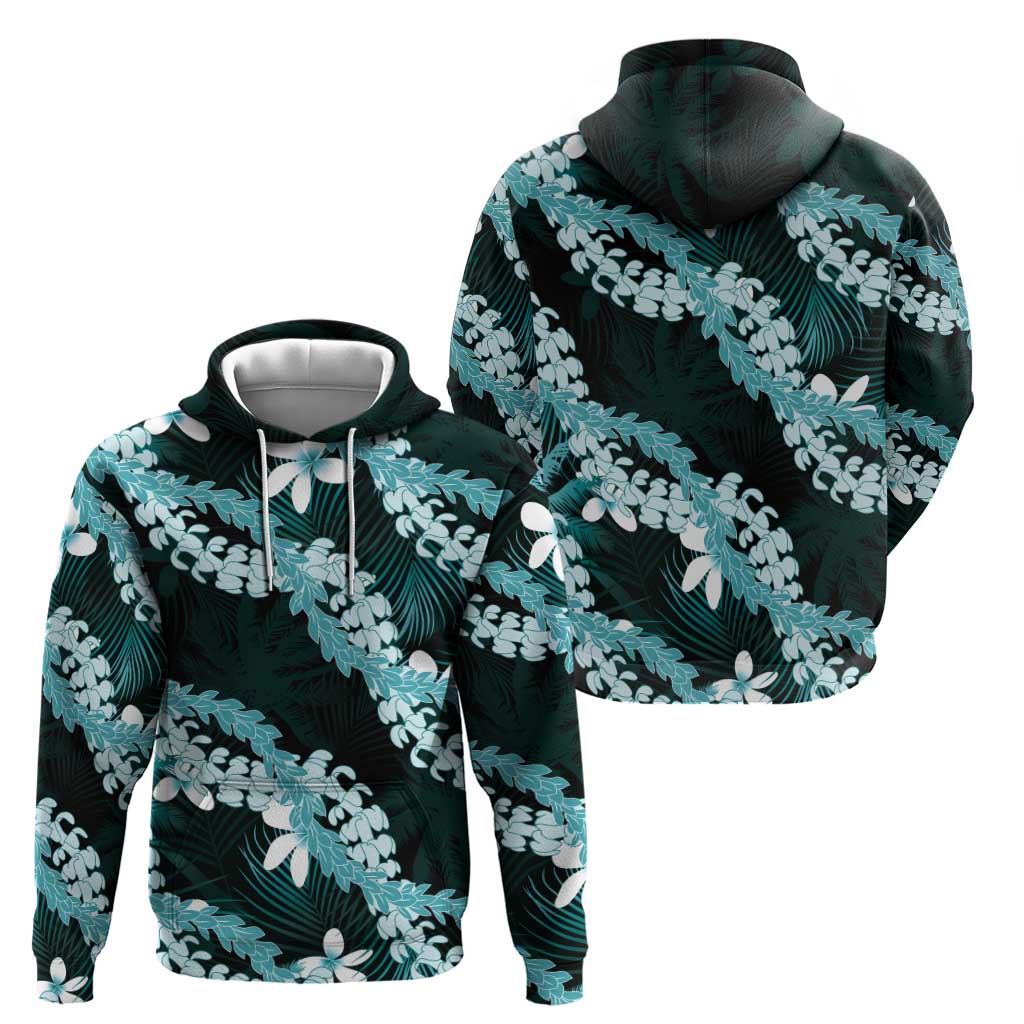 Puakenikeni Maile Lei Zip Hoodie Frangipani Turquoise Tropical Leaves
