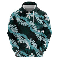 Puakenikeni Maile Lei Zip Hoodie Frangipani Turquoise Tropical Leaves