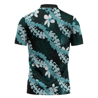 Puakenikeni Maile Lei Zipper Polo Shirt Frangipani Turquoise Tropical Leaves LT01 - Polynesian Pride