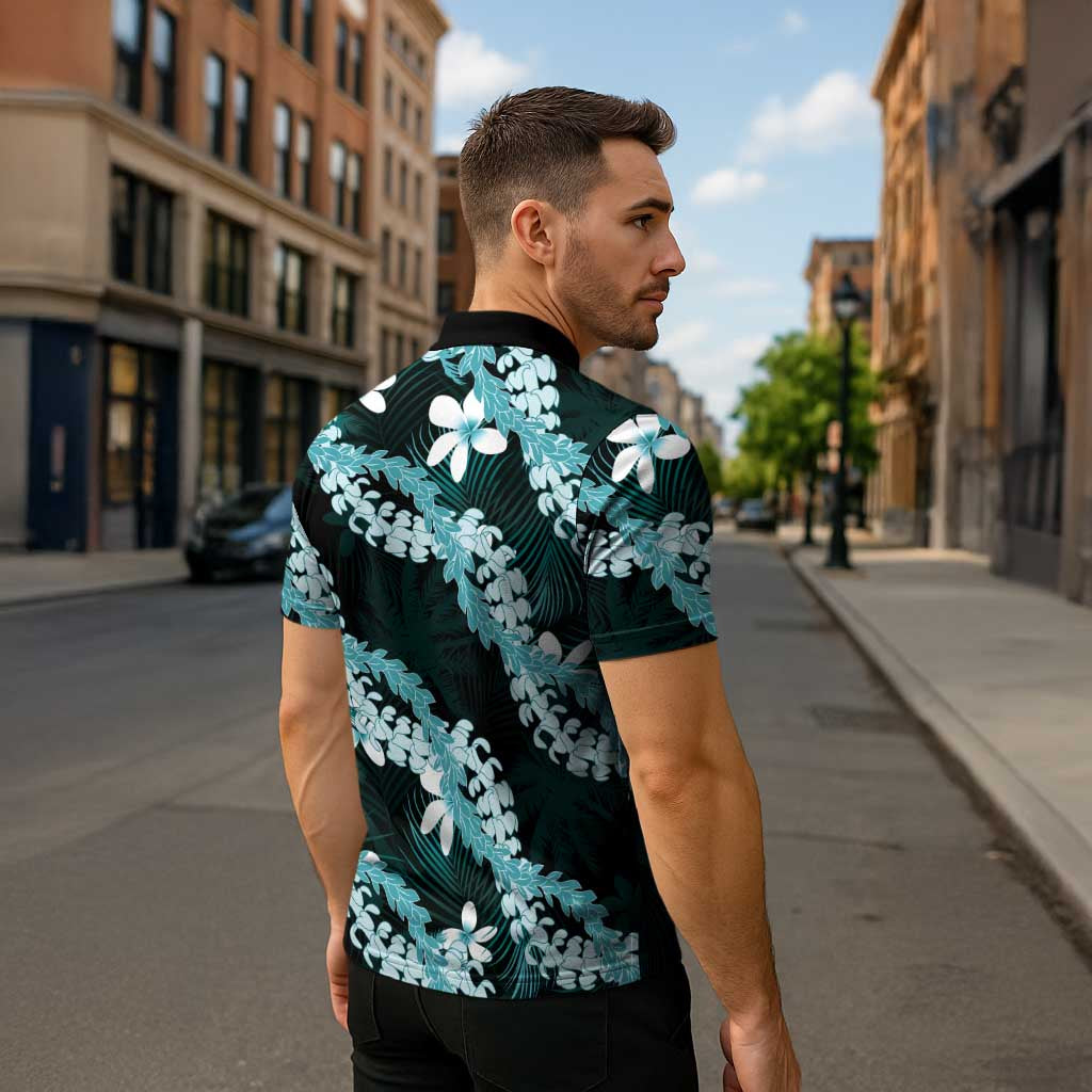 Puakenikeni Maile Lei Zipper Polo Shirt Frangipani Turquoise Tropical Leaves LT01 - Polynesian Pride