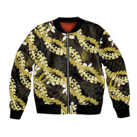 Puakenikeni Maile Lei Bomber Jacket Frangipani Yellow Tropical Leaves