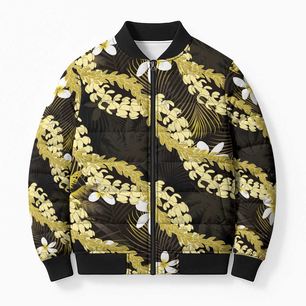 Puakenikeni Maile Lei Bomber Puffer Jacket Frangipani Yellow Tropical Leaves LT01 Unisex Yellow - Polynesian Pride