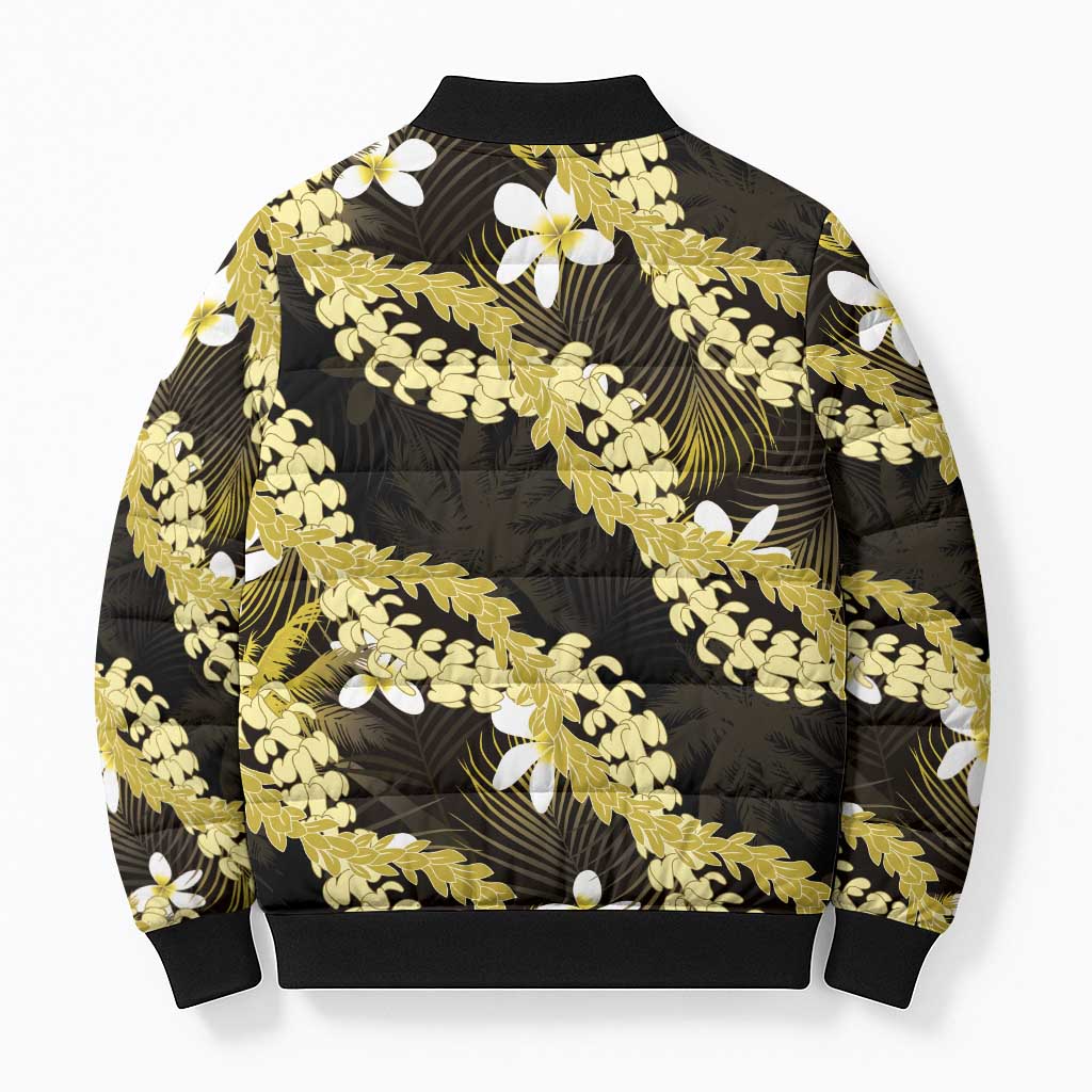 Puakenikeni Maile Lei Bomber Puffer Jacket Frangipani Yellow Tropical Leaves LT01 - Polynesian Pride