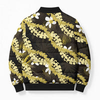 Puakenikeni Maile Lei Bomber Puffer Jacket Frangipani Yellow Tropical Leaves LT01 - Polynesian Pride