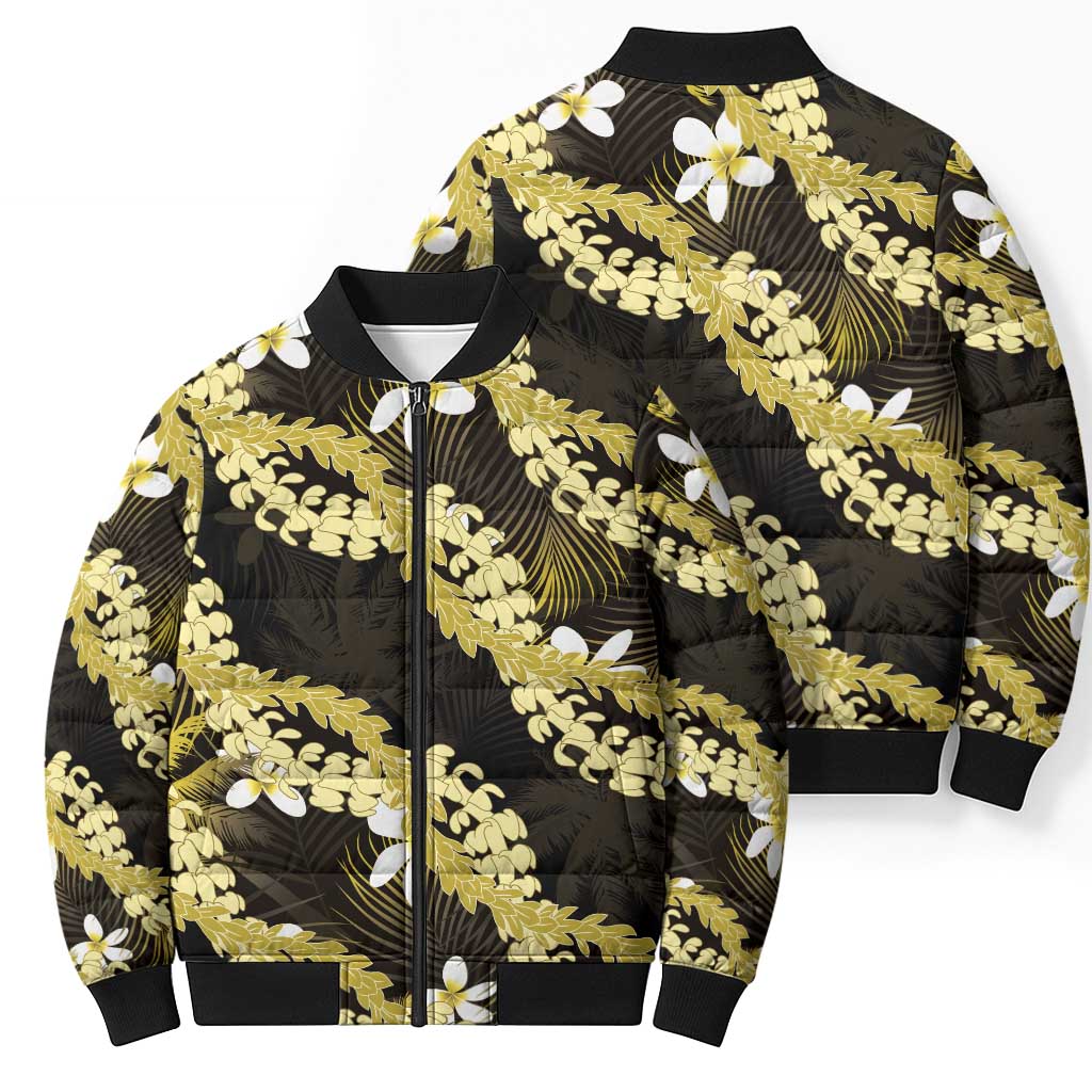 Puakenikeni Maile Lei Bomber Puffer Jacket Frangipani Yellow Tropical Leaves LT01 - Polynesian Pride