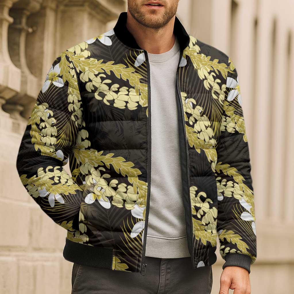 Puakenikeni Maile Lei Bomber Puffer Jacket Frangipani Yellow Tropical Leaves LT01 - Polynesian Pride