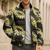 Puakenikeni Maile Lei Bomber Puffer Jacket Frangipani Yellow Tropical Leaves LT01 - Polynesian Pride