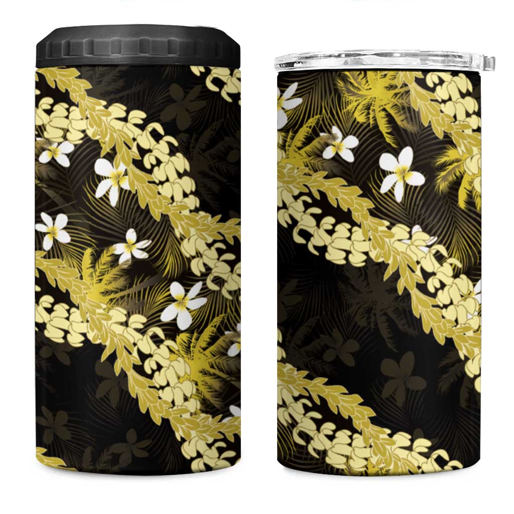 Puakenikeni Maile Lei 4 in 1 Can Cooler Tumbler Frangipani Yellow Tropical Leaves LT01 One Size: 16 oz Yellow - Polynesian Pride
