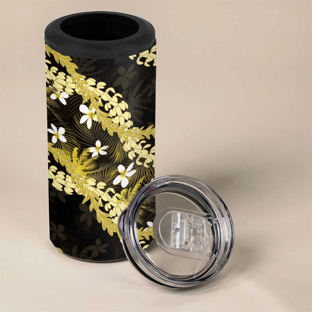 Puakenikeni Maile Lei 4 in 1 Can Cooler Tumbler Frangipani Yellow Tropical Leaves LT01 - Polynesian Pride
