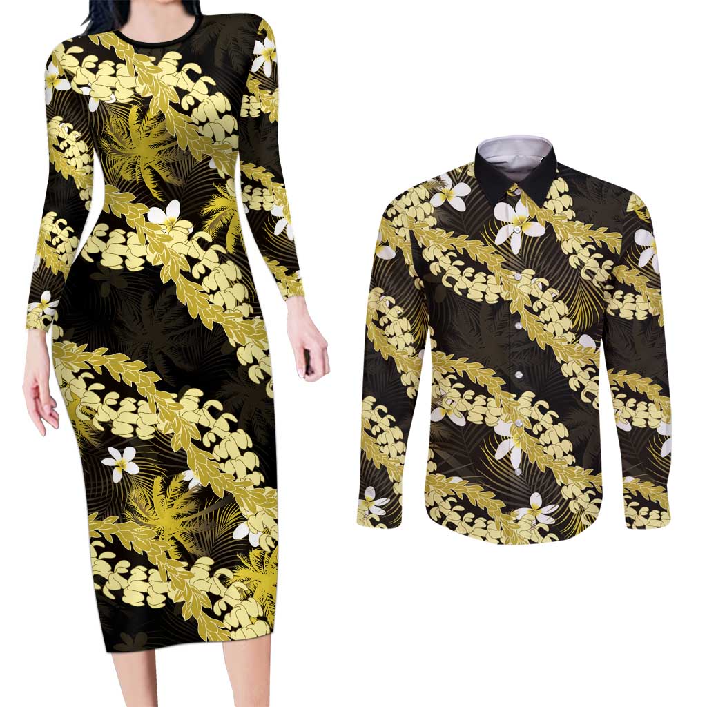 Puakenikeni Maile Lei Couples Matching Long Sleeve Bodycon Dress and Long Sleeve Button Shirt Frangipani Yellow Tropical Leaves LT01 Yellow - Polynesian Pride