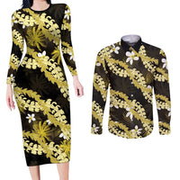 Puakenikeni Maile Lei Couples Matching Long Sleeve Bodycon Dress and Long Sleeve Button Shirt Frangipani Yellow Tropical Leaves LT01 Yellow - Polynesian Pride