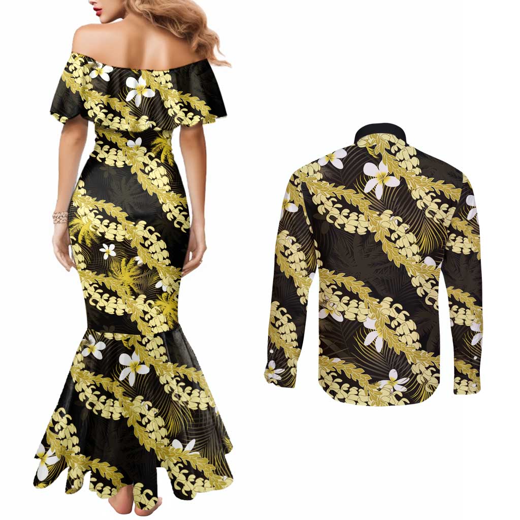 Puakenikeni Maile Lei Couples Matching Mermaid Dress and Long Sleeve Button Shirt Frangipani Yellow Tropical Leaves LT01 - Polynesian Pride