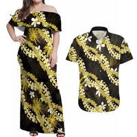 Puakenikeni Maile Lei Couples Matching Off Shoulder Maxi Dress and Hawaiian Shirt Frangipani Yellow Tropical Leaves LT01 Yellow - Polynesian Pride