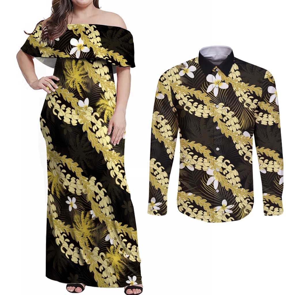 Puakenikeni Maile Lei Couples Matching Off Shoulder Maxi Dress and Long Sleeve Button Shirt Frangipani Yellow Tropical Leaves LT01 Yellow - Polynesian Pride
