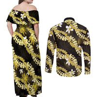 Puakenikeni Maile Lei Couples Matching Off Shoulder Maxi Dress and Long Sleeve Button Shirt Frangipani Yellow Tropical Leaves LT01 - Polynesian Pride