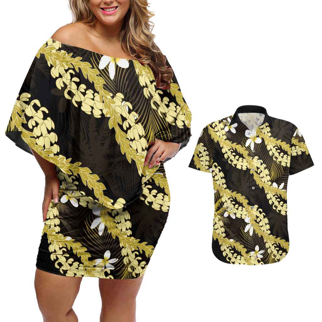 Puakenikeni Maile Lei Couples Matching Off Shoulder Short Dress and Hawaiian Shirt Frangipani Yellow Tropical Leaves
