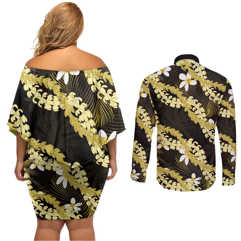 Puakenikeni Maile Lei Couples Matching Off Shoulder Short Dress and Long Sleeve Button Shirt Frangipani Yellow Tropical Leaves LT01 - Polynesian Pride