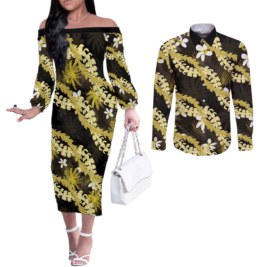 Puakenikeni Maile Lei Couples Matching Off The Shoulder Long Sleeve Dress and Long Sleeve Button Shirt Frangipani Yellow Tropical Leaves LT01 Yellow - Polynesian Pride