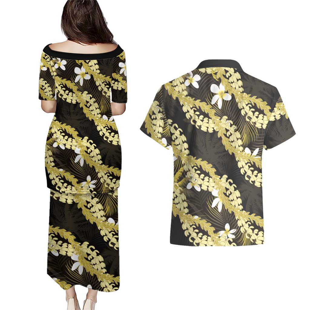 Puakenikeni Maile Lei Couples Matching Puletasi and Hawaiian Shirt Frangipani Yellow Tropical Leaves LT01 - Polynesian Pride