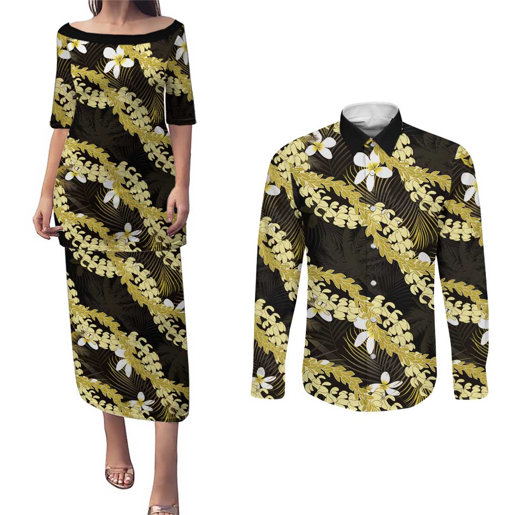 Puakenikeni Maile Lei Couples Matching Puletasi and Long Sleeve Button Shirt Frangipani Yellow Tropical Leaves LT01 Yellow - Polynesian Pride