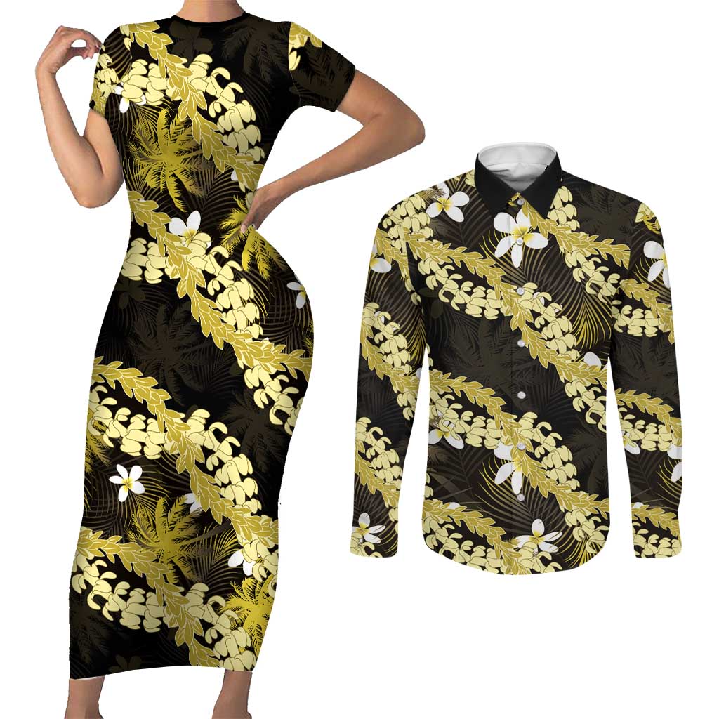Puakenikeni Maile Lei Couples Matching Short Sleeve Bodycon Dress and Long Sleeve Button Shirt Frangipani Yellow Tropical Leaves LT01 Yellow - Polynesian Pride