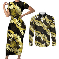 Puakenikeni Maile Lei Couples Matching Short Sleeve Bodycon Dress and Long Sleeve Button Shirt Frangipani Yellow Tropical Leaves LT01 Yellow - Polynesian Pride