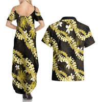 Puakenikeni Maile Lei Couples Matching Summer Maxi Dress and Hawaiian Shirt Frangipani Yellow Tropical Leaves LT01 - Polynesian Pride