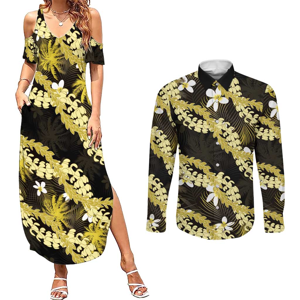Puakenikeni Maile Lei Couples Matching Summer Maxi Dress and Long Sleeve Button Shirt Frangipani Yellow Tropical Leaves LT01 Yellow - Polynesian Pride
