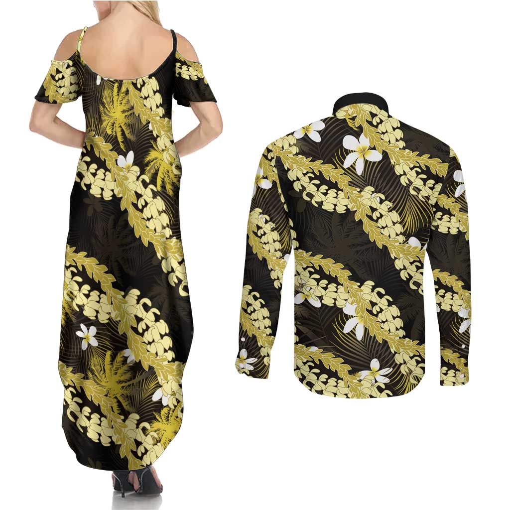 Puakenikeni Maile Lei Couples Matching Summer Maxi Dress and Long Sleeve Button Shirt Frangipani Yellow Tropical Leaves LT01 - Polynesian Pride