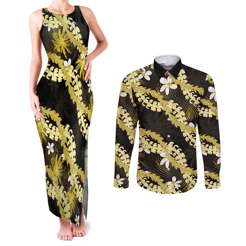 Puakenikeni Maile Lei Couples Matching Tank Maxi Dress and Long Sleeve Button Shirt Frangipani Yellow Tropical Leaves LT01 Yellow - Polynesian Pride