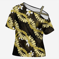 Puakenikeni Maile Lei Cross Shoulder Shirt Frangipani Yellow Tropical Leaves
