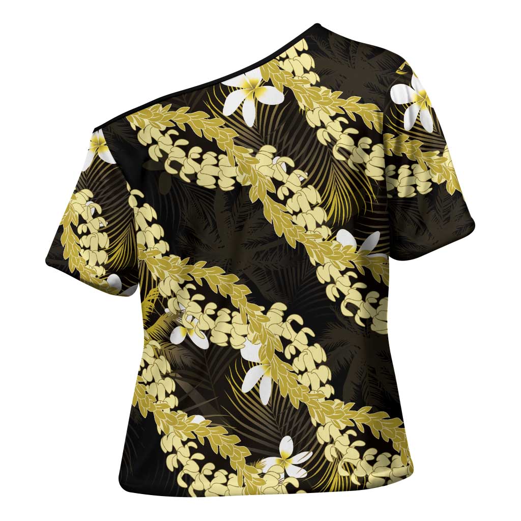 Puakenikeni Maile Lei Cross Shoulder Shirt Frangipani Yellow Tropical Leaves