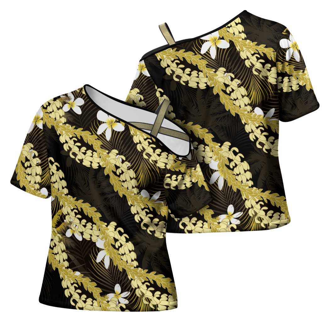Puakenikeni Maile Lei Cross Shoulder Shirt Frangipani Yellow Tropical Leaves