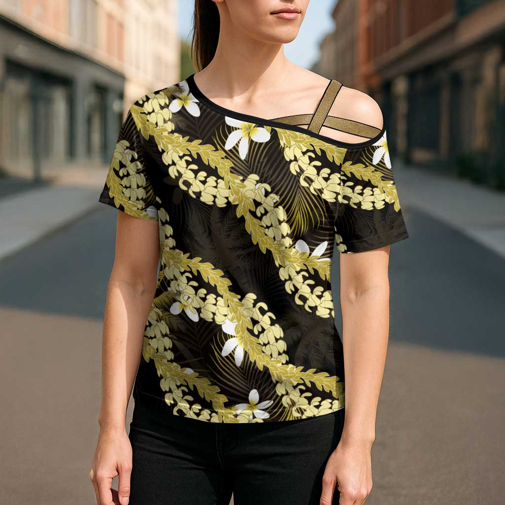Puakenikeni Maile Lei Cross Shoulder Shirt Frangipani Yellow Tropical Leaves