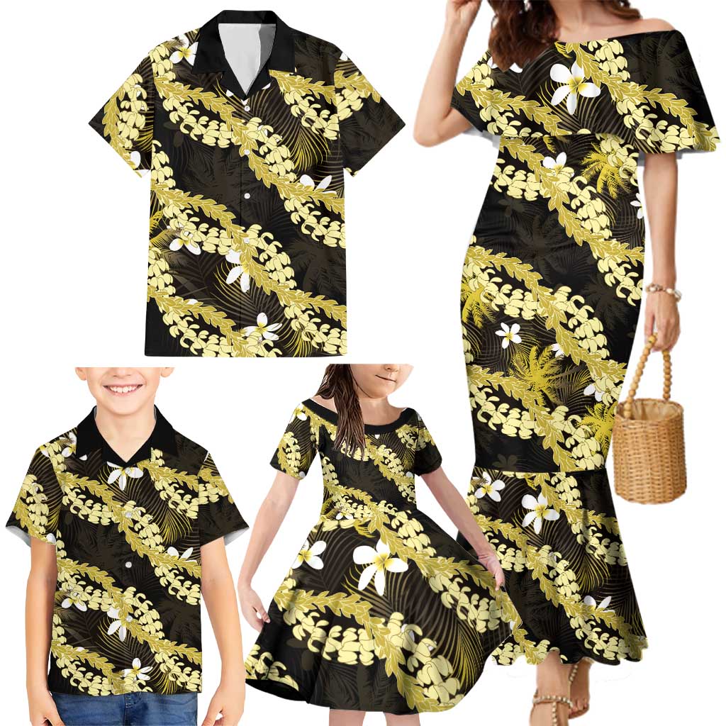 Puakenikeni Maile Lei Family Matching Mermaid Dress and Hawaiian Shirt Frangipani Yellow Tropical Leaves LT01 - Polynesian Pride